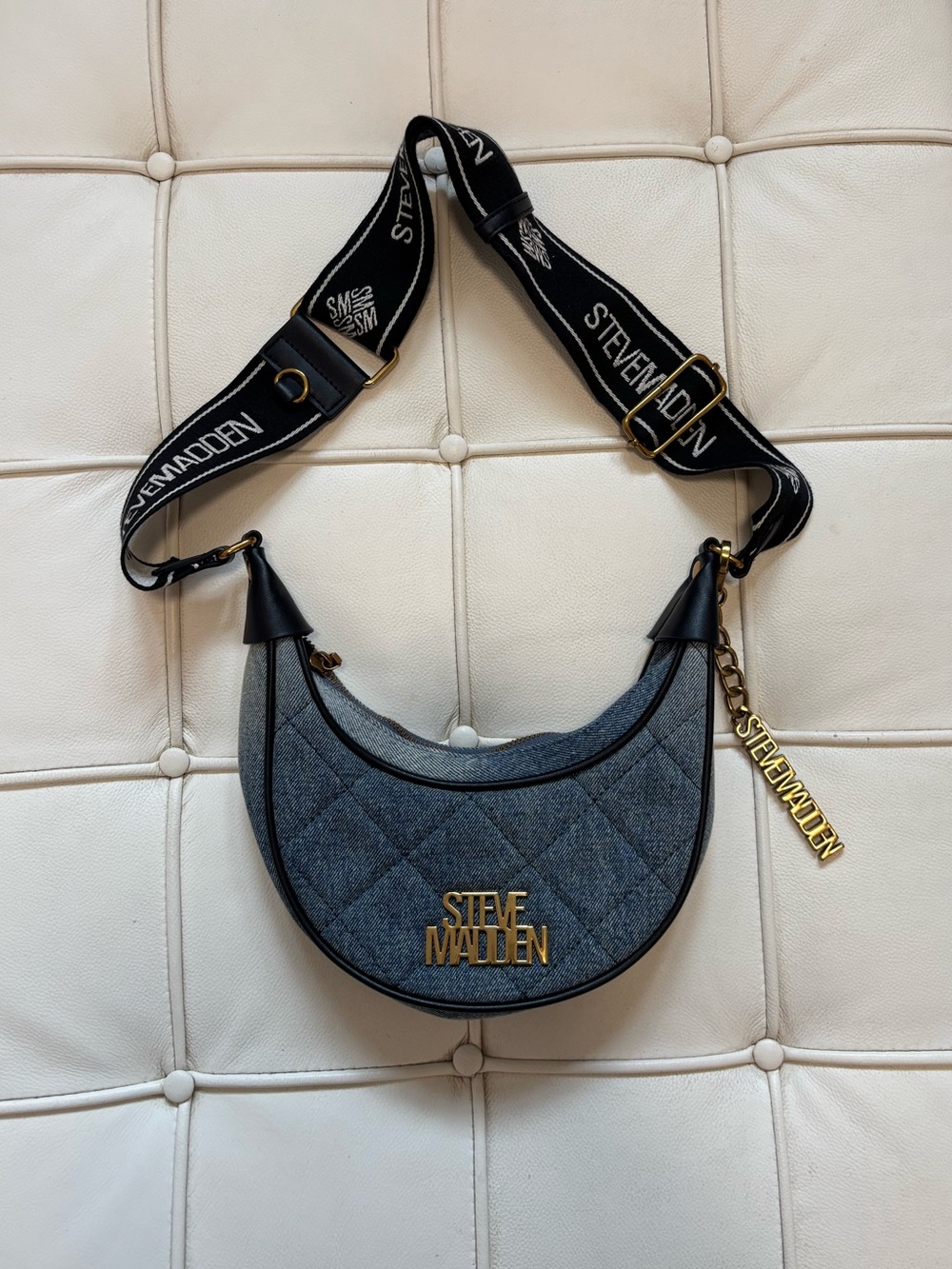 Steve Madden Quilted Crescent Shoulder Bag in Denim Blue